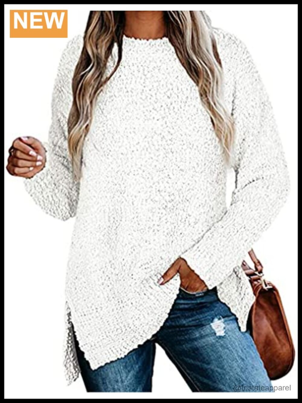 Long Sleeve Fuzzy Knitted Sweater Tunic Pullover Crew Neck Soft Popcorn Knit